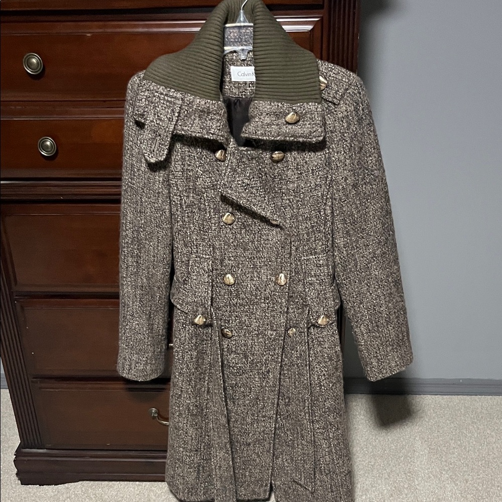 Calvin Klein Brown Wool Coat with Olive Collar
